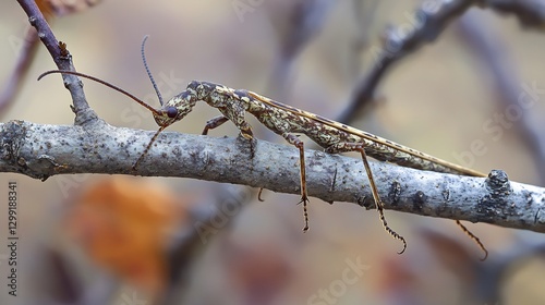 Perfectly camouflaged Walking Stick insect clinging to a branch its elongated body indistinguishable from the twigs around it blending seamlessly into its environment