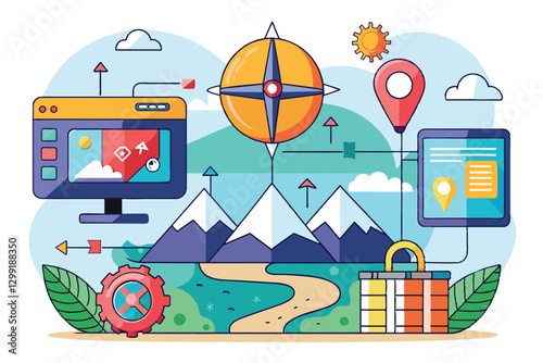 A vibrant illustration showcasing customizable navigation tools amidst mountains and nature, Navigation Customizable Disproportionate Illustration