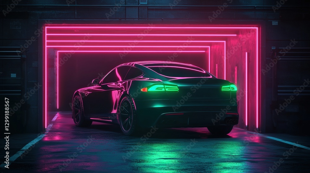 Futuristic EV in Neon Garage