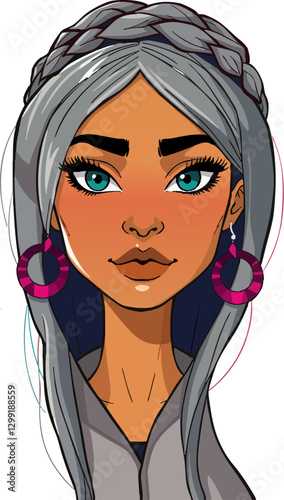 an illustration of a woman with grey hair and blue eyes, wearing pink earrings
