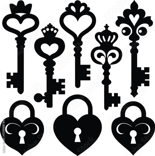 Vintage Keys and Locks Silhouette Set, Antique Key Clipart Collection