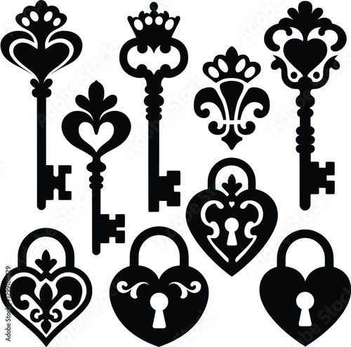 Vintage Keys and Locks Silhouette Set, Antique Key Clipart Collection