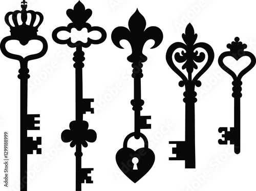 Vintage Keys and Locks Silhouette Set, Antique Key Clipart Collection