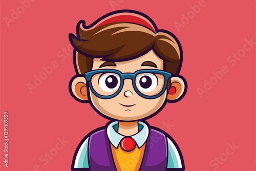 A cartoon nerd character with glasses, a quirky hairstyle, and a colorful outfit stands against a bright background, Nerd Customizable Cartoon Illustration