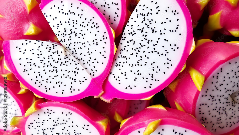 Fresh sliced dragon fruit with white pulp and black seeds, vibrant tropical fruit with colorful peel, healthy and exotic food rich in nutrients Fresh sliced dragon fruit with white pulp and black seeds, vibrant tropical fruit with colorful peel, healthy and exotic food rich in nutrients