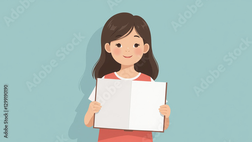 Young girl holds blank drawing book in her hand during school class time. photo