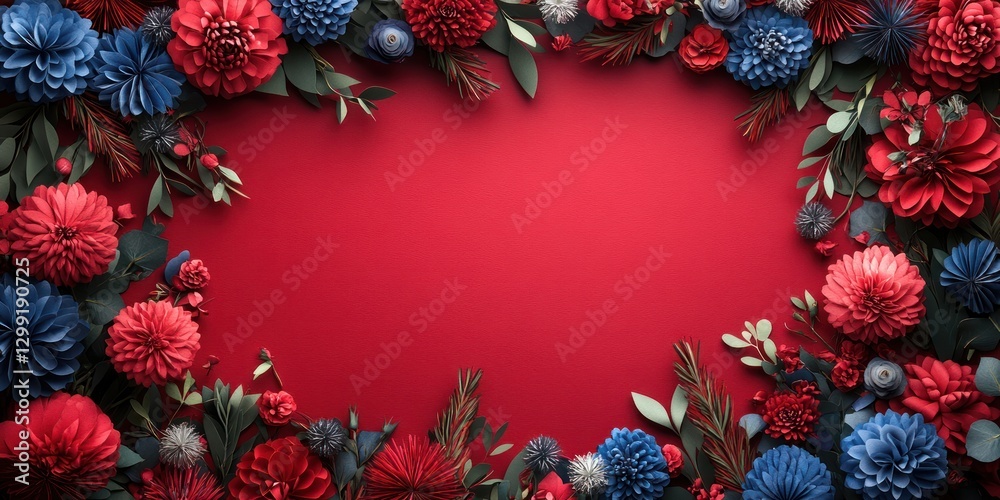 Elegant Red and Blue Floral Frame on Red Background Elegant Red and Blue Floral Frame on Red Background