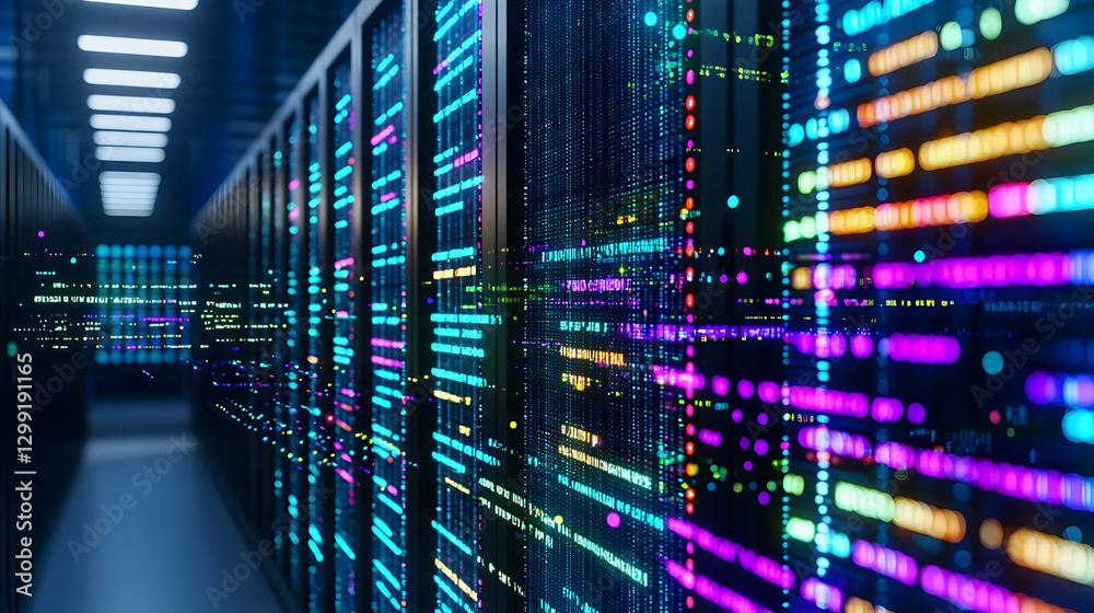 Fototapeta premium Server Room Interior With Rows Of Computer Racks And Illuminated Data Display