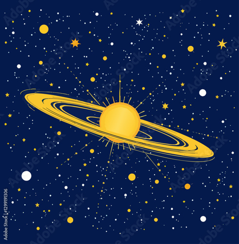 an image of a yellow saturn on a dark blue background with stars in the sky