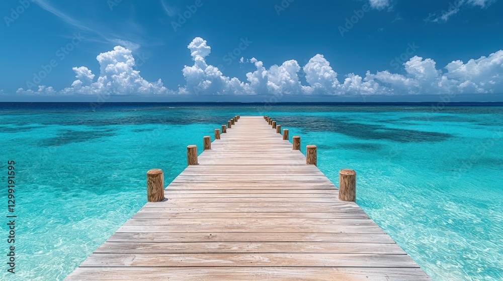 Obraz premium Tropical wooden pier extending into turquoise ocean under a vivid sky