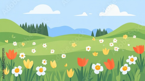Springtime Meadow with Vibrant Flowers and Rolling Hills