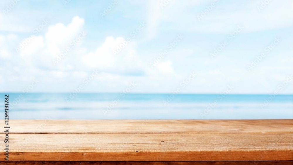 Wooden table top on blurred summer blue sea and sky background. Copy space for your display or montage product design.
Wooden table top on blurred summer blue sea and sky background. Copy space for your display or montage product design.