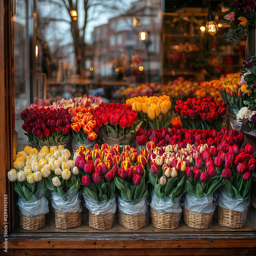 The image shows a vibrant display of tulips in a flower shop window. Various colors of tulips are arranged in baskets, with red, yellow, and white tulips being prominently featured. The background The image shows a vibrant display of tulips in a flower shop window. Various colors of tulips are arranged in baskets, with red, yellow, and white tulips being prominently featured. The background