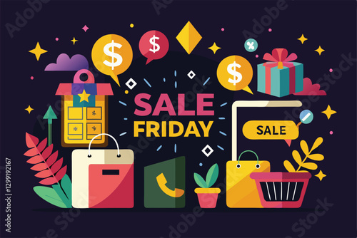 A colorful illustration depicts an e-commerce sale event happening every Friday with various playful elements, New Sales Every Friday Illustration, E-commerce, Black Template