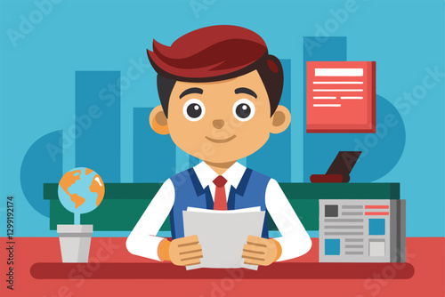 A young male news anchor sits at his desk holding documents, with a globe and newspaper nearby, News Customizable Cartoon Illustration