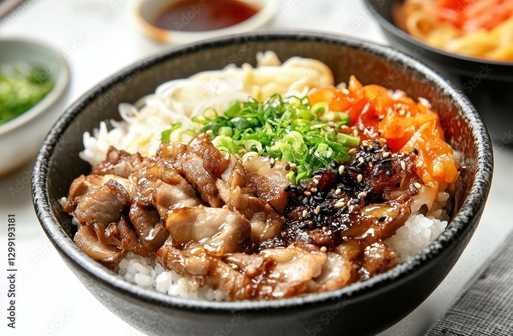Delicious teriyaki rice bowl with various toppings Delicious teriyaki rice bowl with various toppings