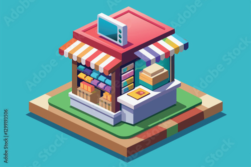 A vibrant isometric newsstand features colorful stock, a delivery stand, and an appealing design, Newsstand Customizable Isometric Illustration