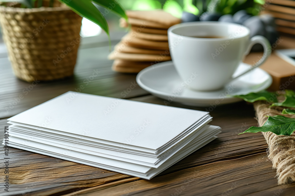 Stack of white envelopes on wooden table with coffee cup in cafe setting Stack of white envelopes on wooden table with coffee cup in cafe setting