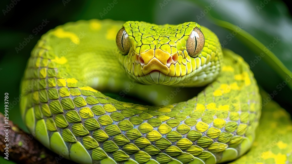 Fototapeta premium Venomous green pit viper coiled, jungle backdrop