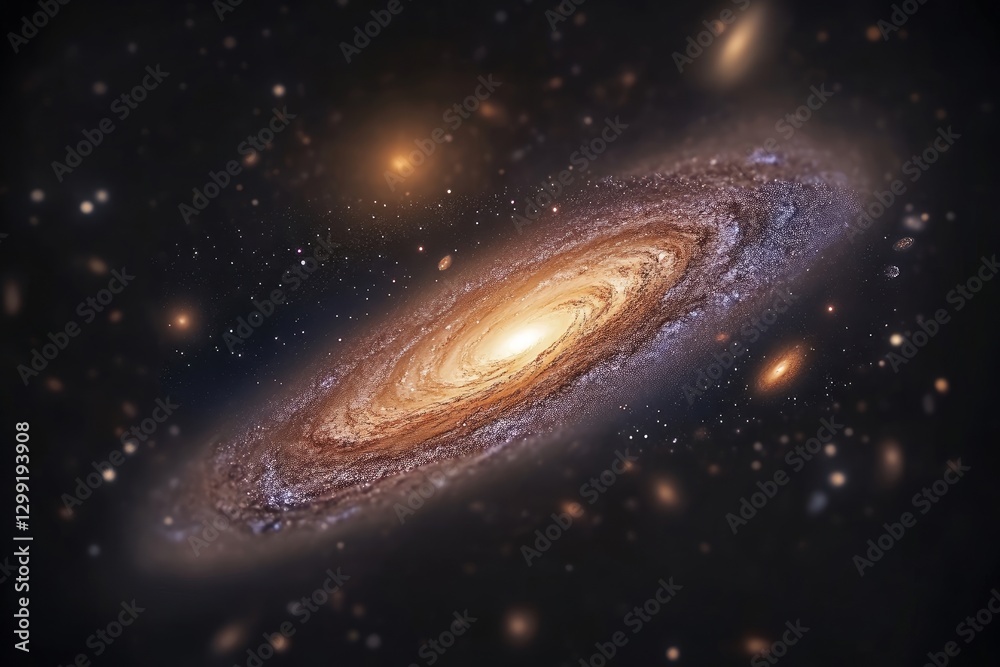 Naklejka premium A spiral galaxy with bright center and swirling arms amidst numerous stars and other galaxies, creating a vivid cosmic landscape in space