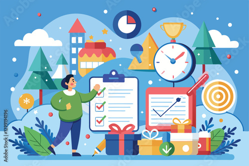 A person reviews their New Yearâ€™s resolutions with gifts and goal-setting icons in an inspiring setting, New year's resolutions Customizable Flat Illustration