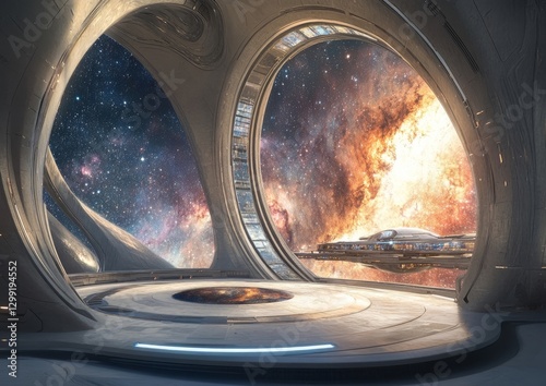 Fototapeta Naklejka Na Ścianę i Meble -  futuristic space observatory studying a distant galaxy, capturing the surreal blend of manmade architecture and cosmic realm