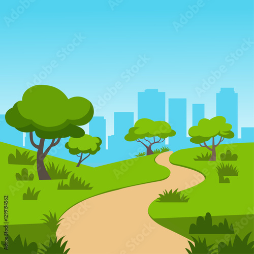 Serene park path leading to a city skyline.