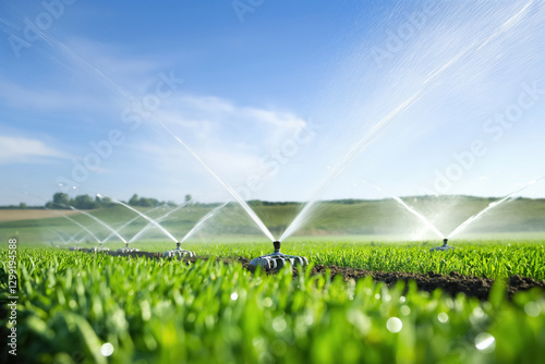 Efficient agricultural irrigation system in a vibrant green field under a clear blue sky