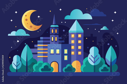 A bright urban landscape shows buildings under a night sky with clouds and a crescent moon shining brightly, Night calls Customizable Flat Illustration