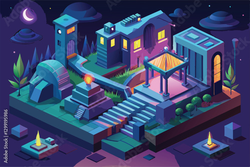 This illustration showcases a colorful isometric night landscape with intriguing buildings and structures, Night calls Customizable Isometric Illustration