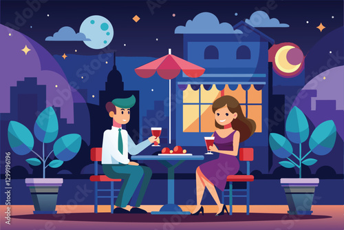 A couple shares a delightful evening with drinks at an outdoor cafÃ©, surrounded by city lights and plants, Night date Customizable Flat Illustration