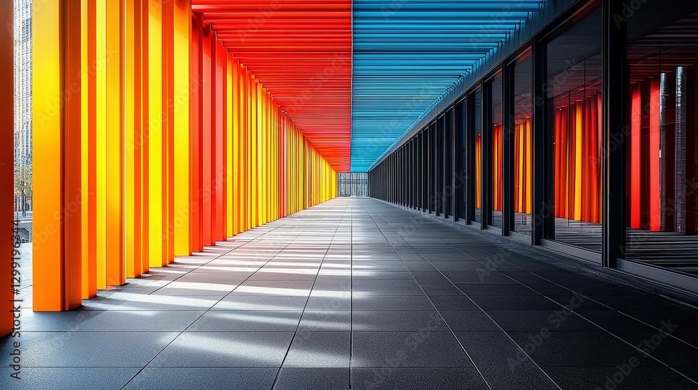 Fototapeta premium Contemporary colorful architecture: vibrant corridor with red, orange, and blue elements