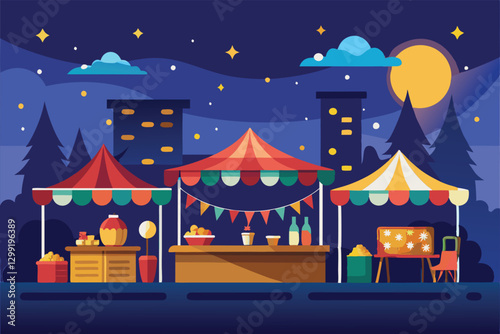 A lively night market features colorful stalls offering delicious food, surrounded by a starry sky and urban backdrop, Night market horizontal banner vector flat illustration