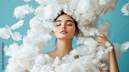 Woman with her hair surrounded by white feathers, against a pastel blue background