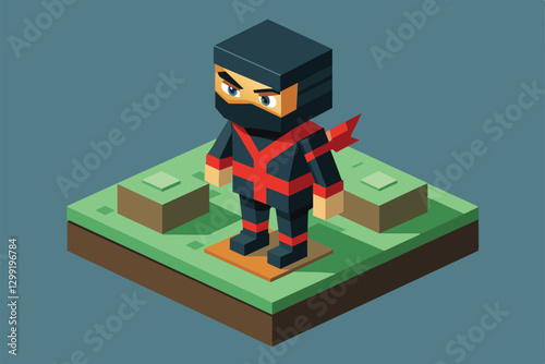 A customizable isometric ninja stands confidently on grassy ground, ready for action in a simple landscape, Ninja Customizable Isometric Illustration
