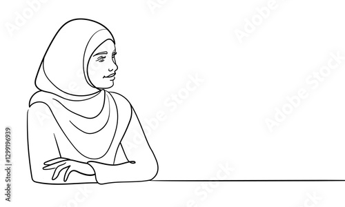 Young muslim woman in burqa, continuous line art drawin. Oriental girl in traditional clothes. Vector illustration isolated on white background 