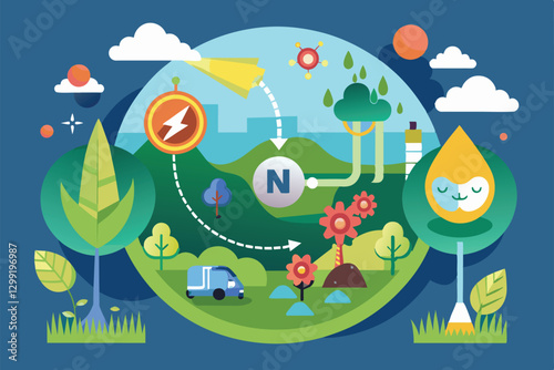 This vibrant design illustrates the nitrogen cycle, highlighting its impact on ecosystems and energy flow, Nitrogen cycle Customizable Disproportionate Illustration