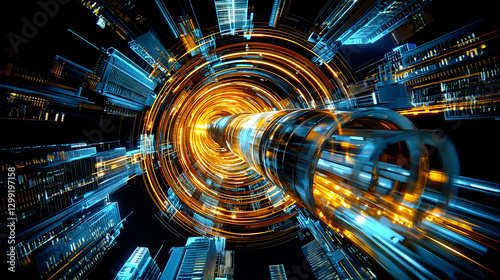 Futuristic glowing digital tunnel with high speed motion in cyber city