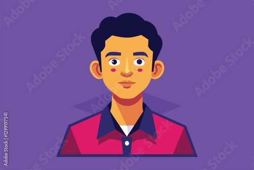 A young individual with dark hair poses wearing a bright shirt in a colorful setting, No data Customizable Disproportionate Illustration