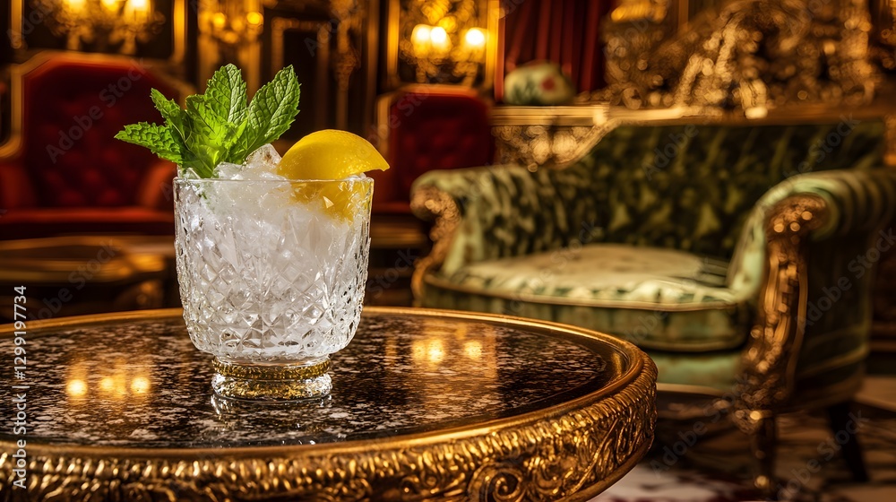 Crystal Glass Cocktail on Ornate Table Luxury Drink Mint Lemon Ice Crystal Glass Cocktail on Ornate Table Luxury Drink Mint Lemon Ice