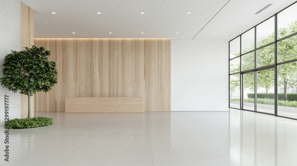 Fototapeta premium Modern office lobby with wood wall, plants, and large window
