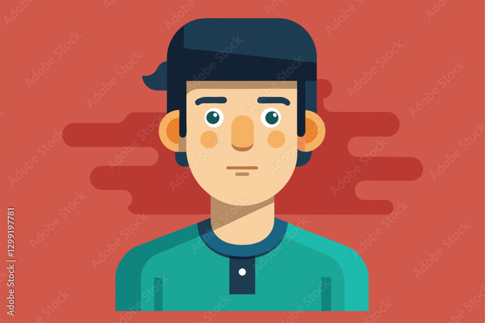 A young man with a neutral expression is depicted in a minimalistic style with a red background, No data Customizable Semi Flat Illustration A young man with a neutral expression is depicted in a minimalistic style with a red background, No data Customizable Semi Flat Illustration