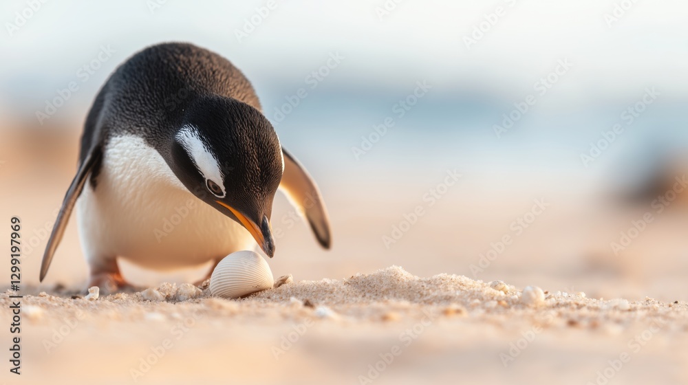 Fototapeta premium Gentoo penguin examining seashell on sandy beach at sunrise