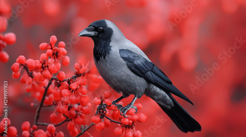 A beautiful black and grey crow perched on red berries photo