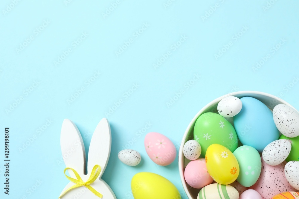 Happy Easter. Colorful eggs in a bowl and bunny ears on color background, space for text or advertising Happy Easter. Colorful eggs in a bowl and bunny ears on color background, space for text or advertising