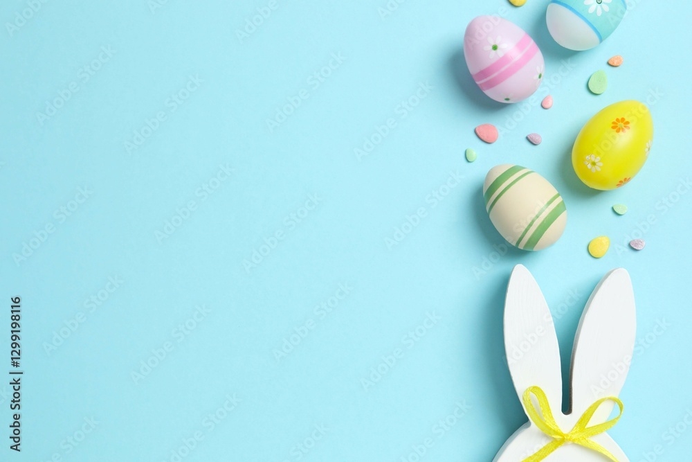 Happy Easter. Colorful eggs with bunny ears on color background, space for text or advertising Happy Easter. Colorful eggs with bunny ears on color background, space for text or advertising