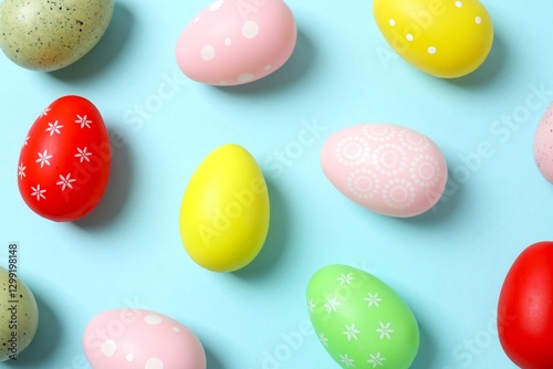 Happy Easter. Colorful eggs on color background, space for text or advertising photo