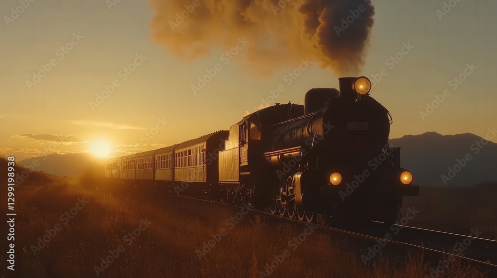 Naklejka premium Vintage Steam Train Moving Through Countryside at Sunrise with Smoke