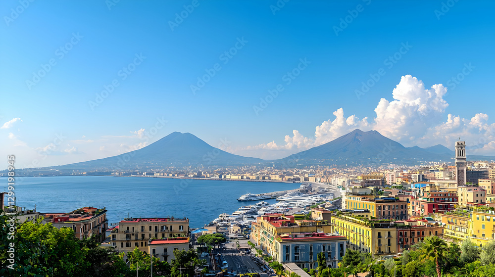 Panoramic View of Naples Italy Featuring Coastal Cityscape with Mountains and Blue Sky Panoramic View of Naples Italy Featuring Coastal Cityscape with Mountains and Blue Sky