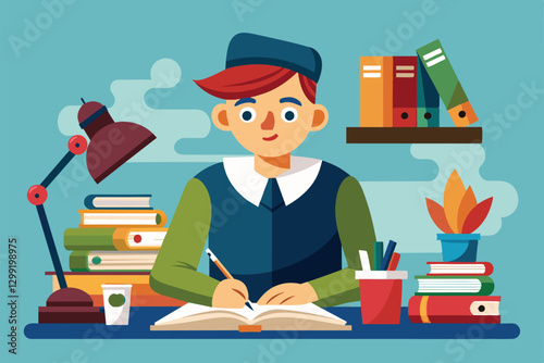 A young writer diligently crafts stories at a messy desk, surrounded by books, lamps, and plants, Novelist writing Customizable Disproportionate Illustration